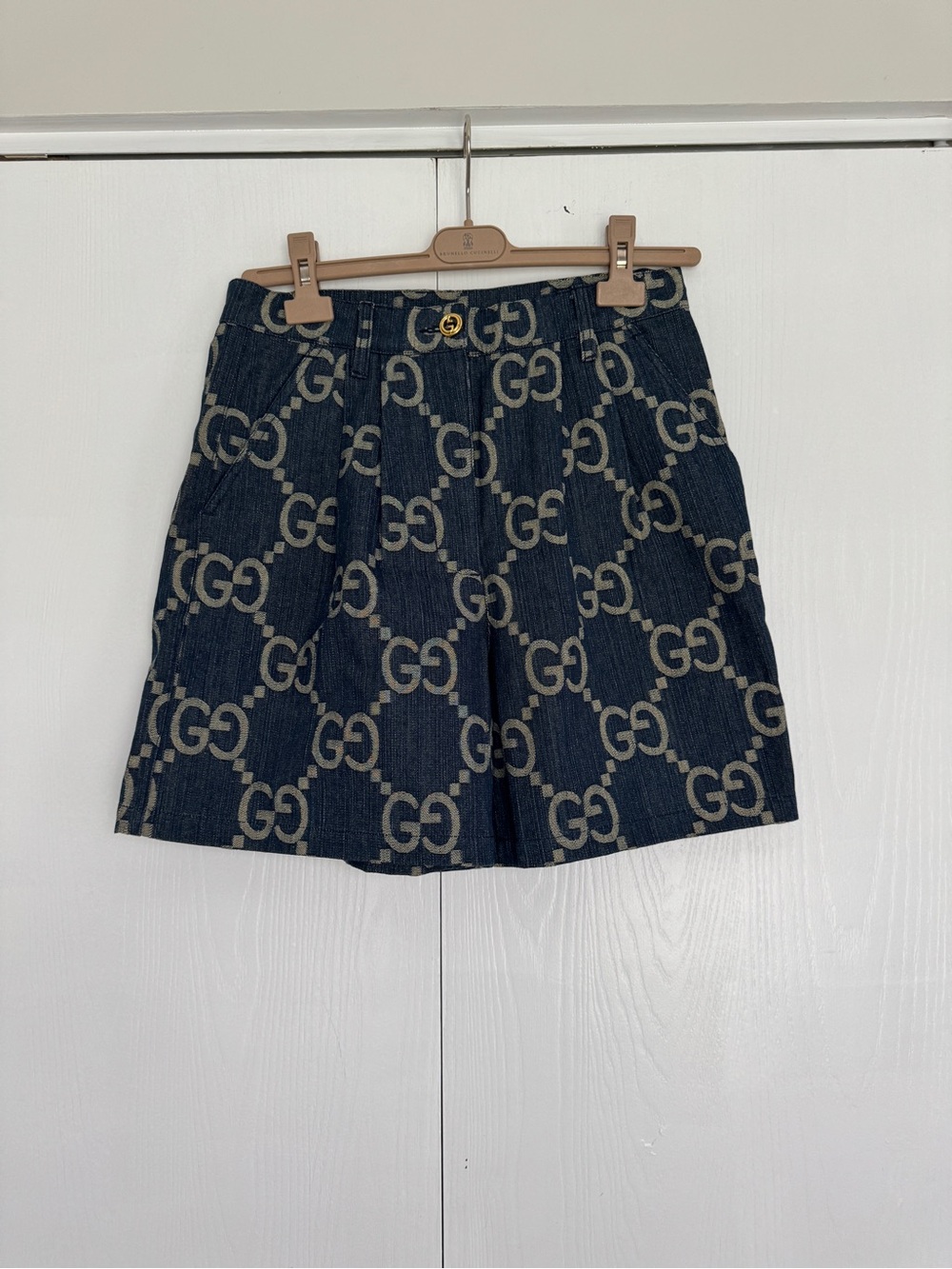 Gucci Dark Blue Denim Shorts with Beige GG Monogram